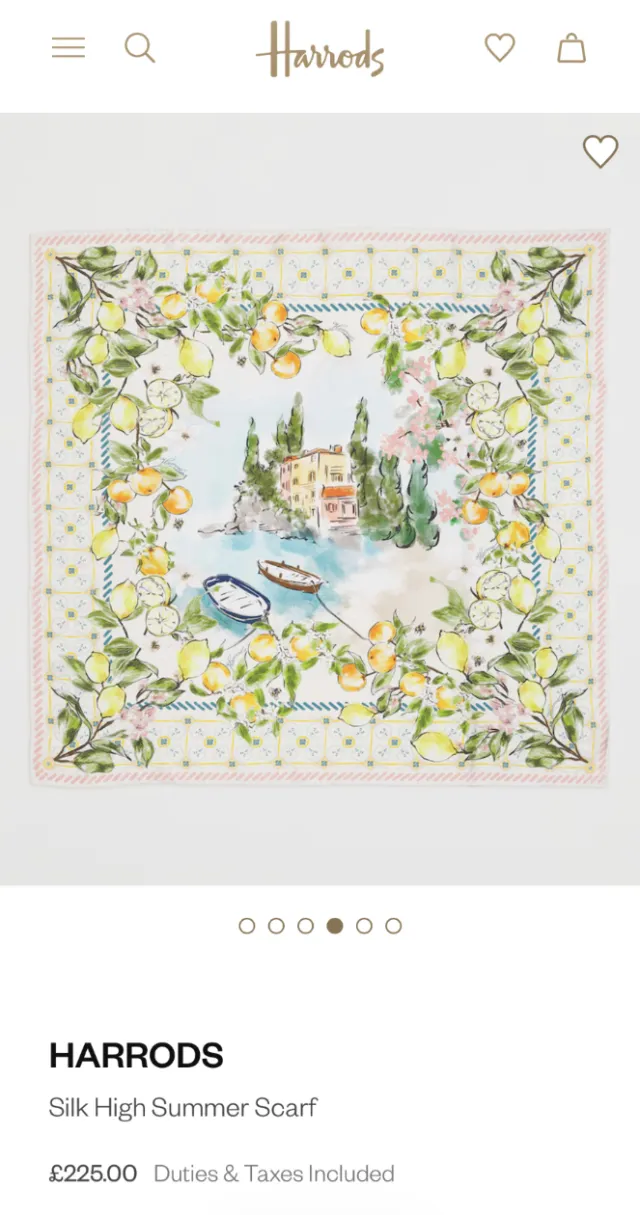 Harrods silk summer scarf with lemons, birds, and countryside scene by Elly Azizian