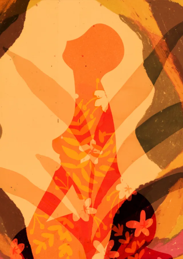 Abstract overlapping female silhouettes with floral patterns by Barbara Tamilin