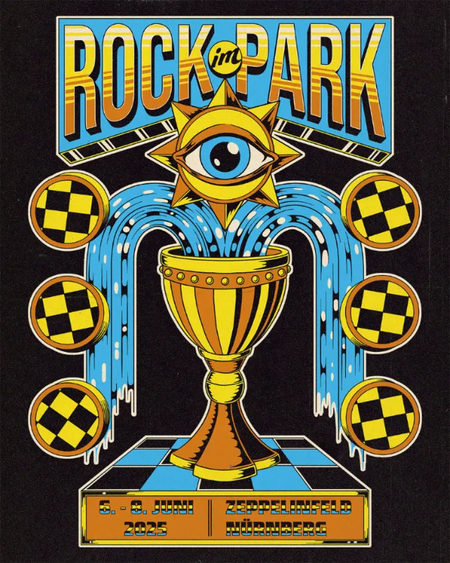 Rock im Park 2023 merch design with golden chalice, eye, and checkered spheres by Philipp Beck