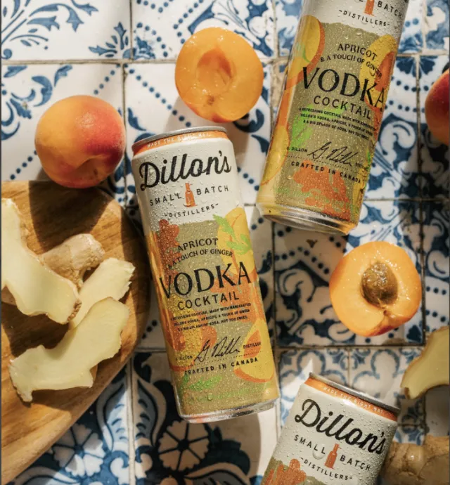 Dillon's Apricot Vodka Cocktail cans with apricots and ginger by Drew Bardana