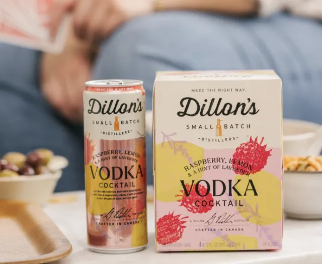 Dillon's Small Batch Raspberry Lemon Vodka Cocktail cans and boxes by Drew Bardana