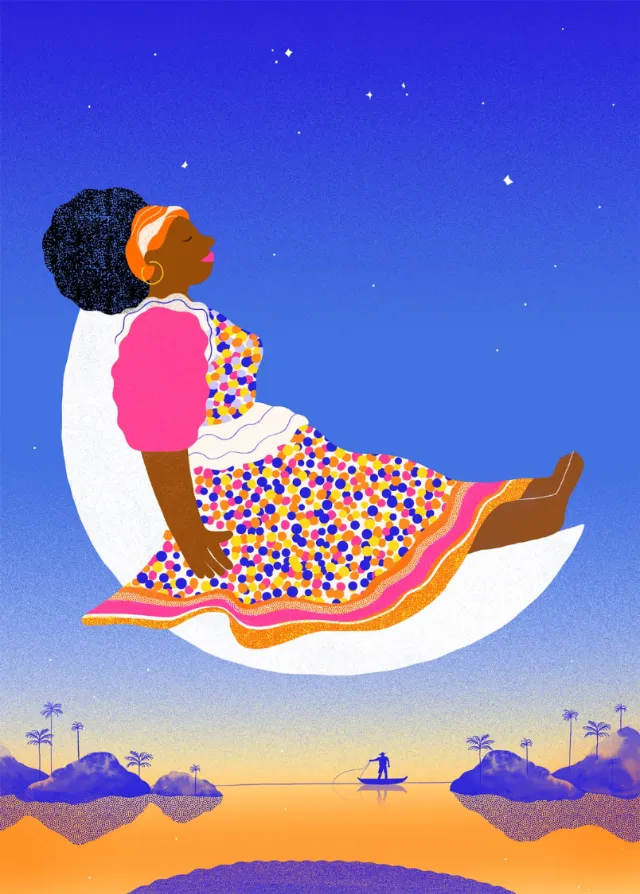 Colorful illustration of a woman sitting on a crescent moon in a starry sky by Gina Rosas Moncada