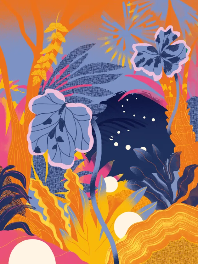 Abstract tropical plant leaves in orange and blue hues by Gina Rosas Moncada