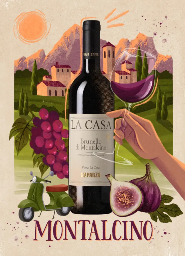 Wine bottle, glass, grapes, and fig with Montalcino landscape by Camila Gray