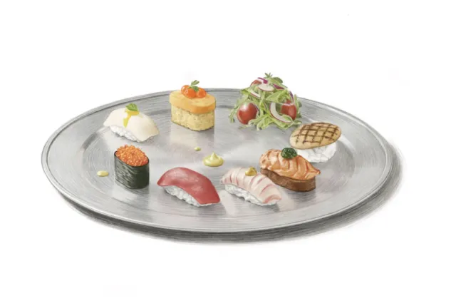 Platter of assorted sushi on a silver tray by Dena Cooper