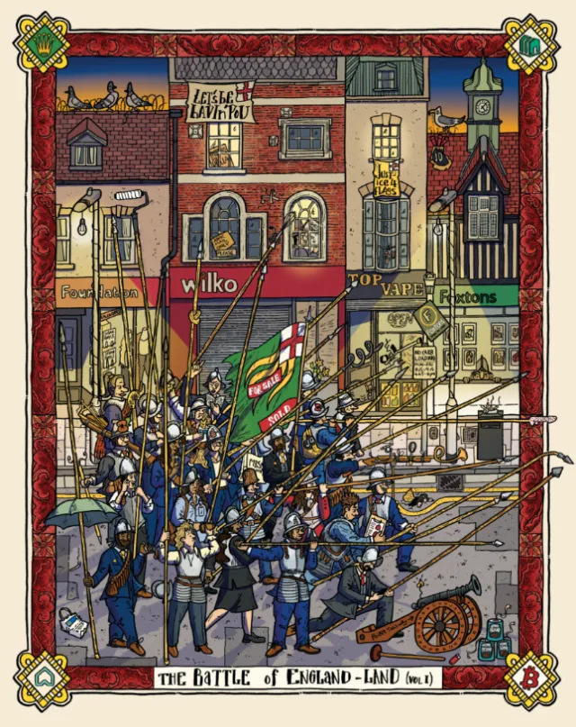 Illustration of marching soldiers in a historic English town by Jack Sweet