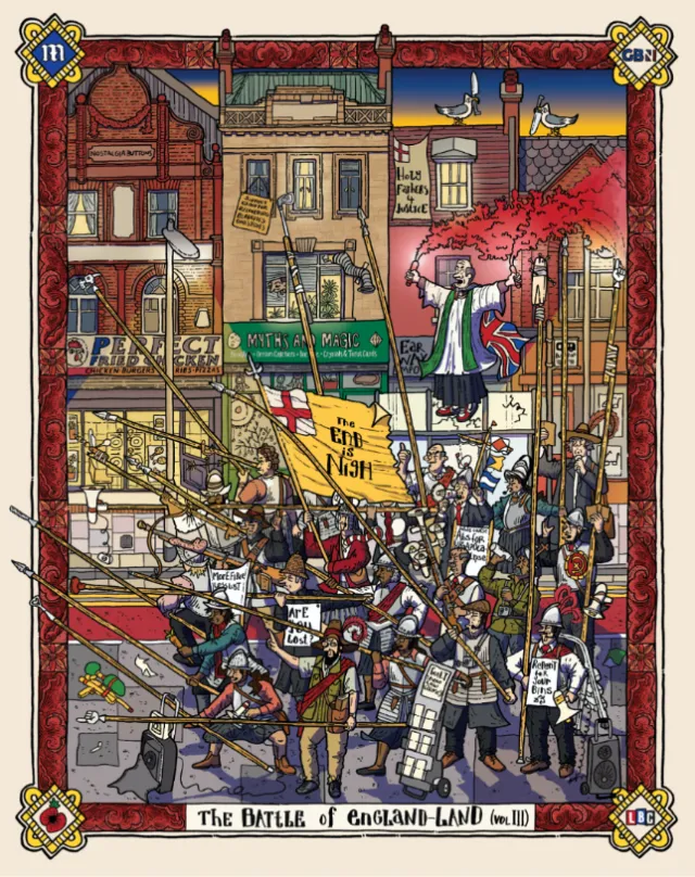 Colorful medieval battle scene with soldiers and buildings, by Jack Sweet