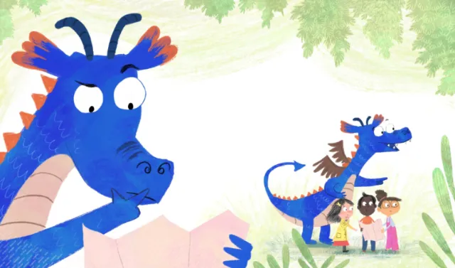 Blue dragon reading book to children outdoors by Dalia Awad