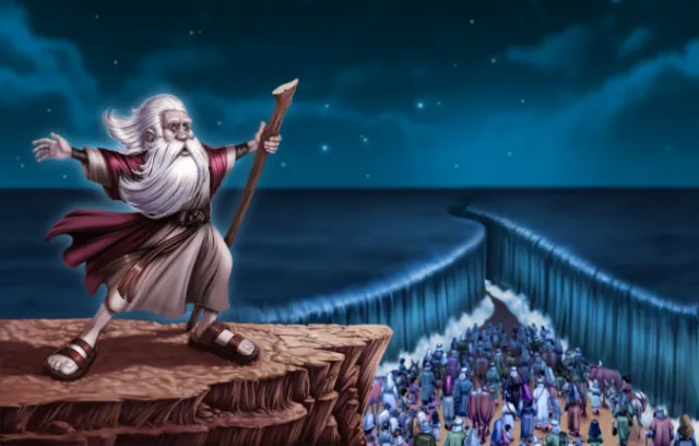 Moses parting the Red Sea with crowd escaping at night by Ron Borresen