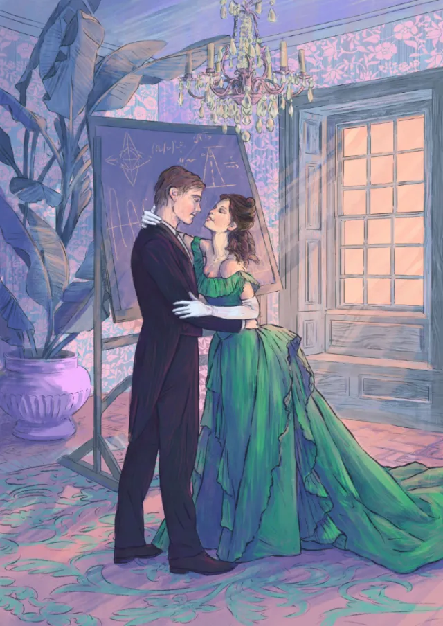 Couple embracing in 19th century attire in lush sunlit room by Roma Gavrila