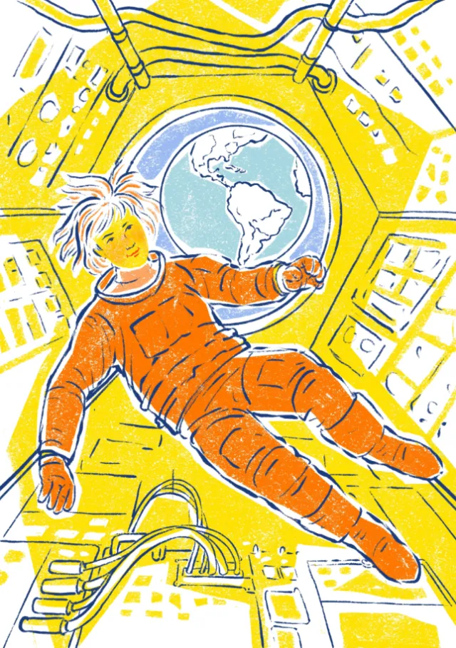 Woman astronaut floating inside a space station with Earth visible outside, by Roma Gavrila