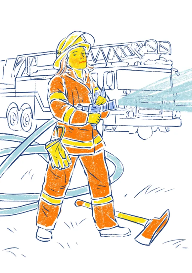 Woman firefighter holding hose and axe in front of fire truck by Roma Gavrila