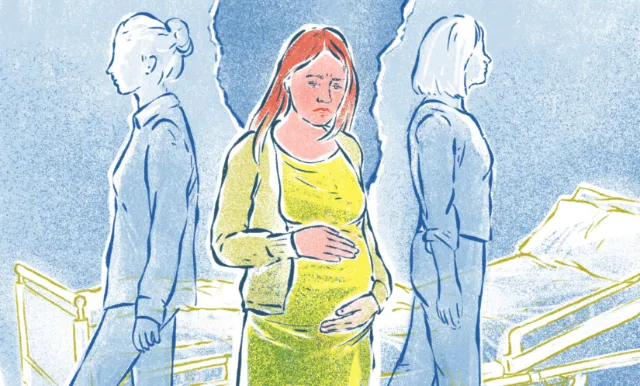Pregnant woman in hospital between two conflicting women, by Roma Gavrila