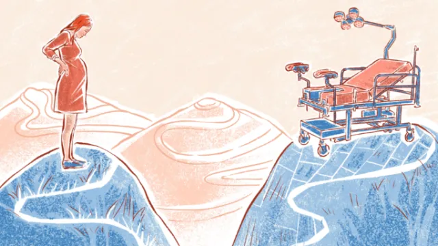 Illustration of pregnant woman and medical equipment on separate hills by Roma Gavrila