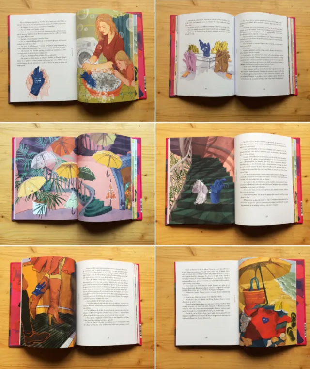 Colorful children's book pages showing glove characters and scenes by Roma Gavrila