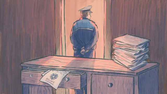 Policeman standing pensively in doorway with paperwork on desk by Roma Gavrila