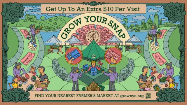 Illustrated GrowNYC poster promoting SNAP benefits at farmers markets by Samantha Silverman
