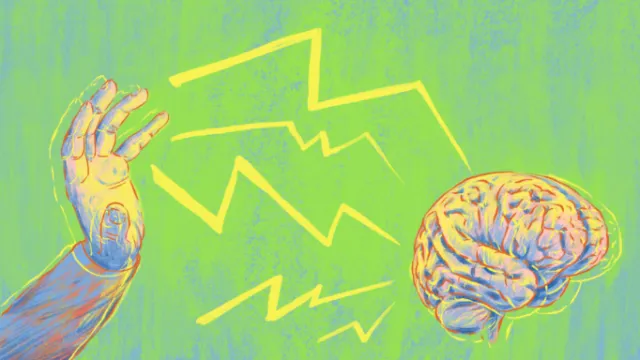 Hand zapping brain with yellow lightning rays, artwork by Roma Gavrila