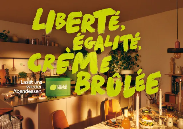 Hello Fresh campaign with bright yellow brush lettering in a cozy kitchen, by Tallon Type
