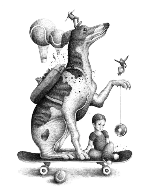 Greyhound on skateboard with child playing yo-yo, by Miosis Studio
