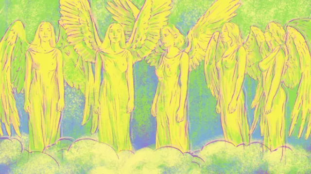 Psychedelic colored angels standing on clouds by Roma Gavrila
