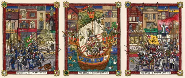 Triptych depicting England's cultural conflict with symbolic scenes by Jack Sweet
