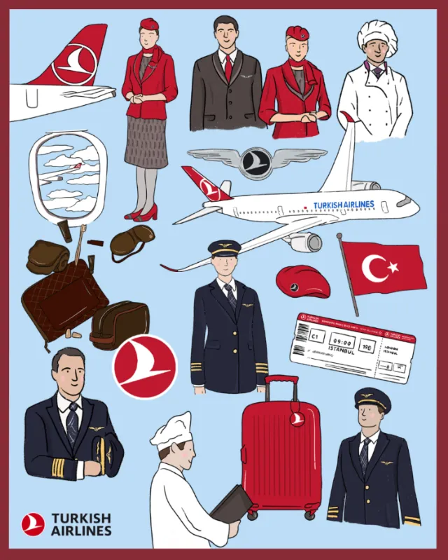Turkish Airlines crew, uniforms, planes, and amenities illustrated by Megan McKean