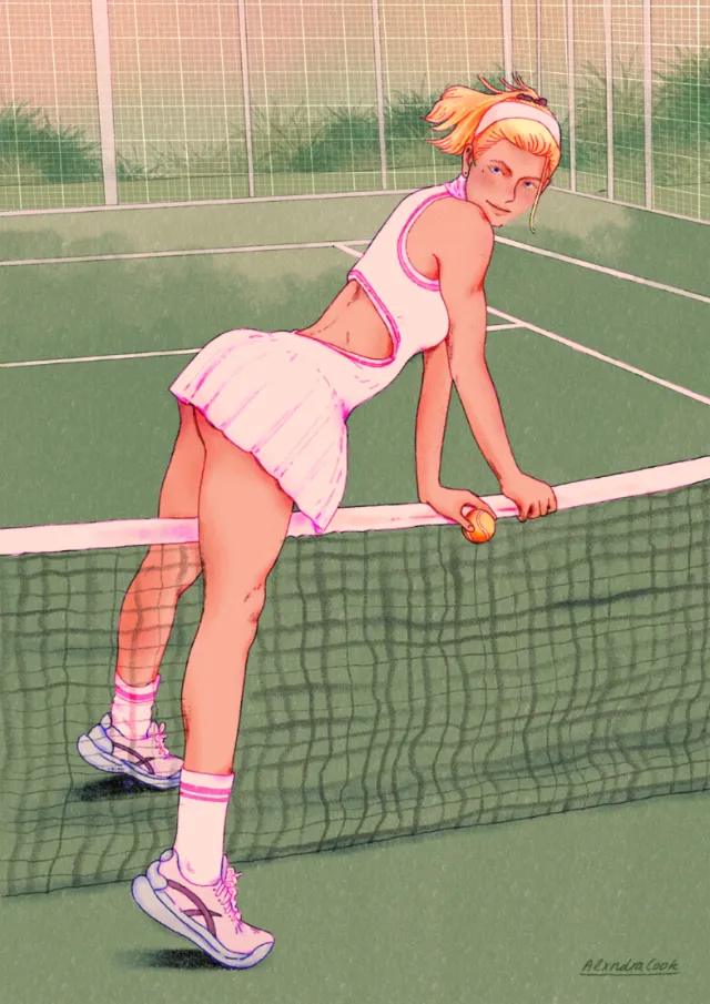 Seductive woman straddling tennis net on green court by Alxndra Cook