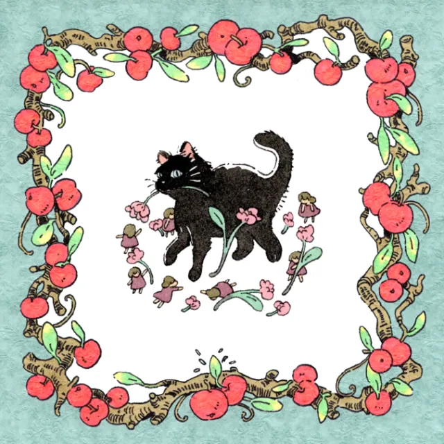 Black cat among flowers with apple vine border by Parakid