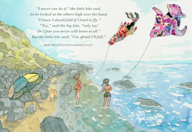 Two girls flying kites on rocky coastline by ocean, artwork by Parakid