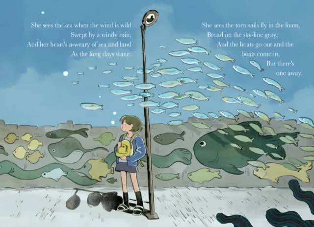 Illustration of a boy watching fish near the sea wall by Parakid