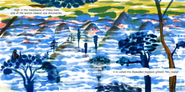 Illustration of Skywalker Gibbon in vibrant Chinese mountain landscape by Anne Wilson