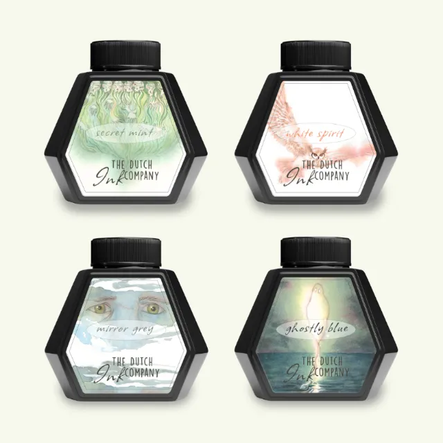 Ink bottles with four unique label designs by Marieke Nelissen