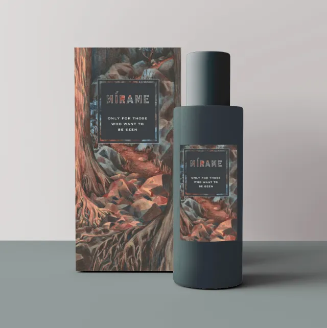 Mockup of a perfume bottle and matching box with artistic nature design by Marieke Nelissen