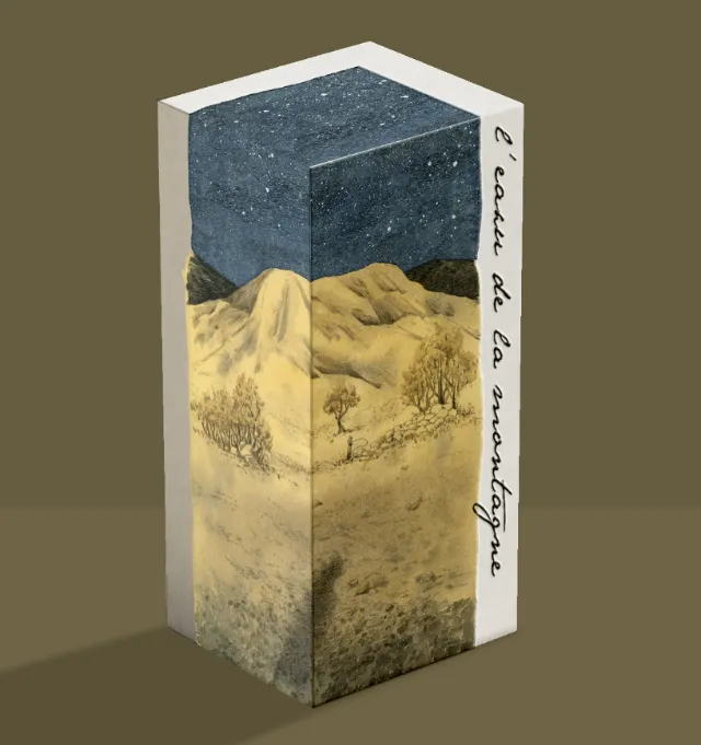 Illustration of a mountain landscape on perfume packaging by Marieke Nelissen
