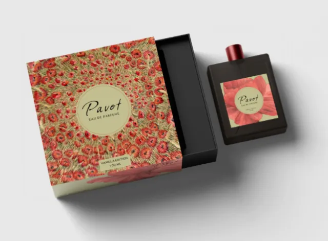 Mockup of Pavot perfume bottle and floral patterned box by Marieke Nelissen