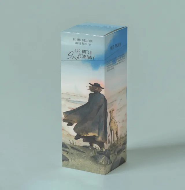 Ink brand packaging showing a cloaked figure and dog in landscape by Marieke Nelissen