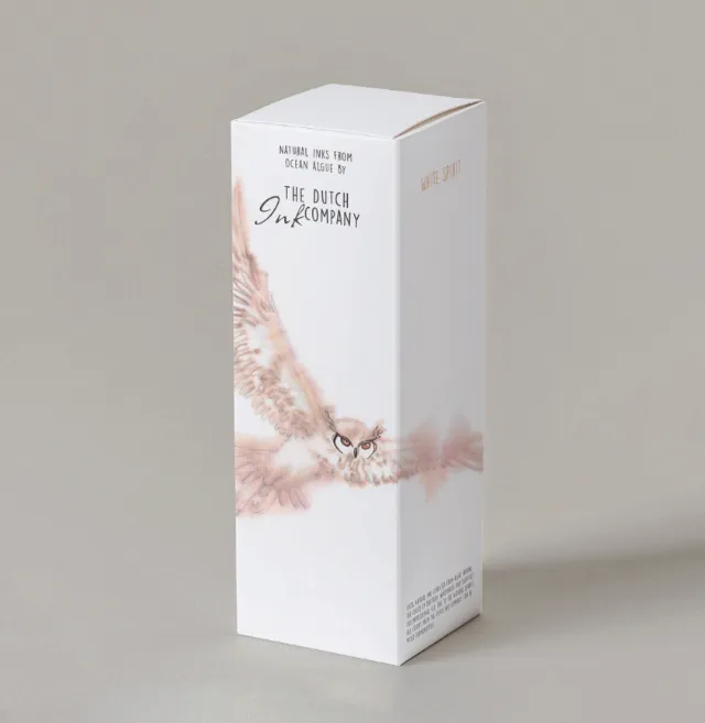 Ink packaging with owl illustration by Marieke Nelissen
