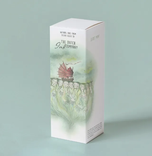 Packaging illustration with a sailing ship and decorative waves, by Marieke Nelissen