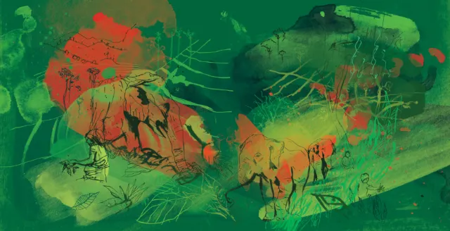 Illustration of elephants and tea pickers in Assam, by Ben Tallon