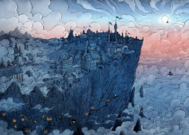 Fantasy city on cliff at dusk with glowing lanterns by Rino Pelli