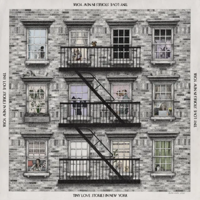 Brick apartment facade with fire escapes and various window scenes by Reiko Kato
