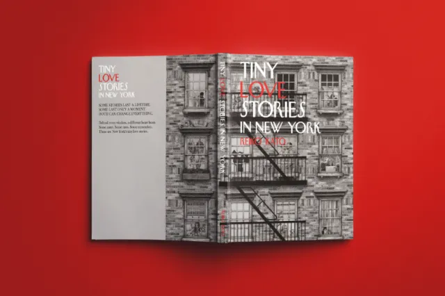 Open book titled Tiny Love Stories in New York on red background by Reiko Kato