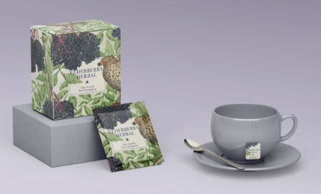 Herbal tea box and tea bag with cup and saucer by Marieke Nelissen