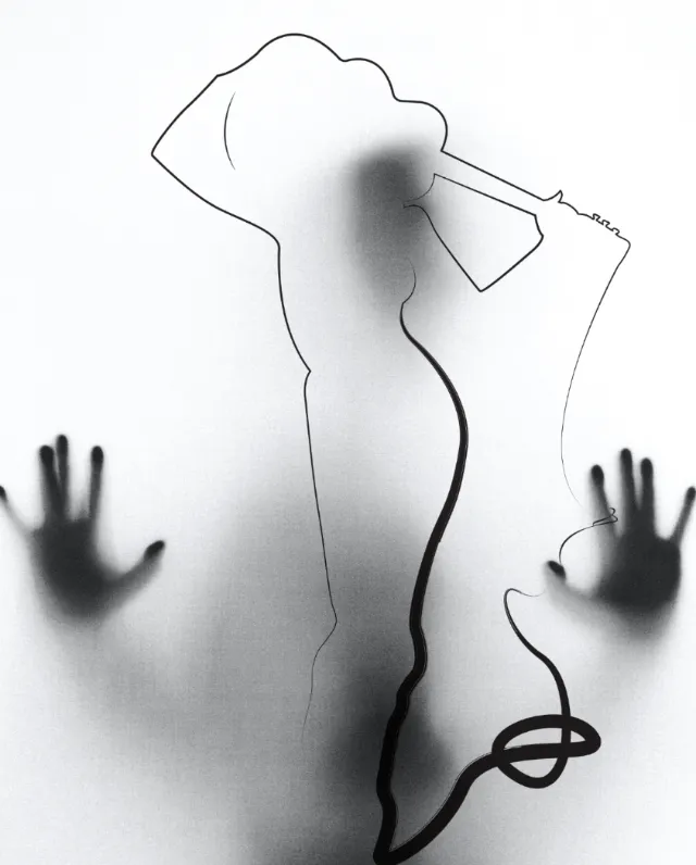 Silhouette of person pressing hands on glass with distorted cord, by Nadia Flower