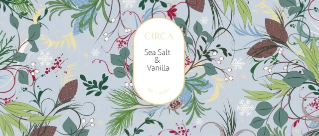 Botanical pattern with leaves and berries labeled Sea Salt & Vanilla by Nadia Flower