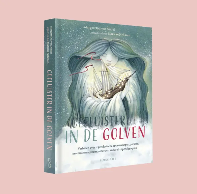Book cover with girl holding ship caught by sea creature, artwork by Marieke Nelissen