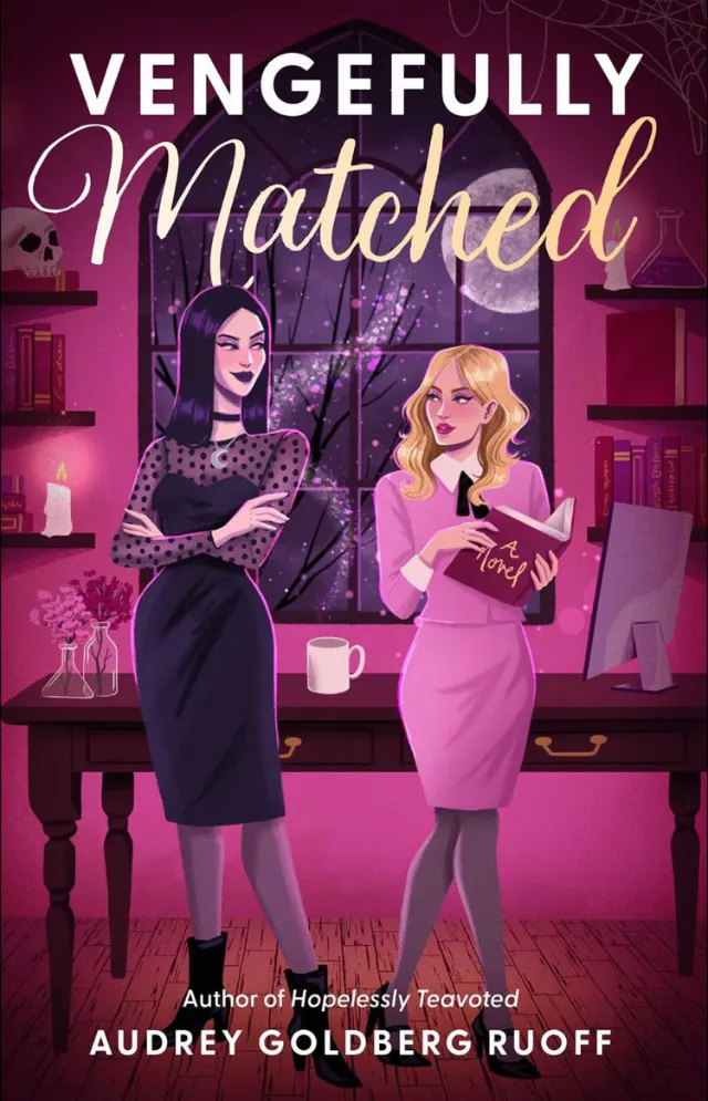 Book cover of Vengefully Matched by Audrey Goldberg Ruoff, two women in an office at night, art by C