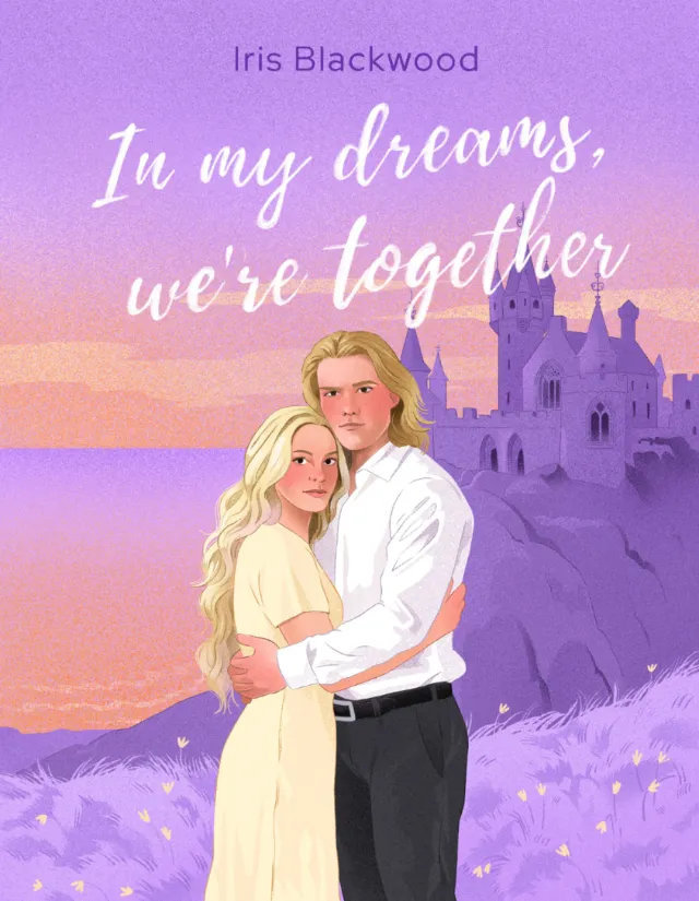Romantic blonde couple embracing by purple castle at sunset by Julia Prokhotskaya