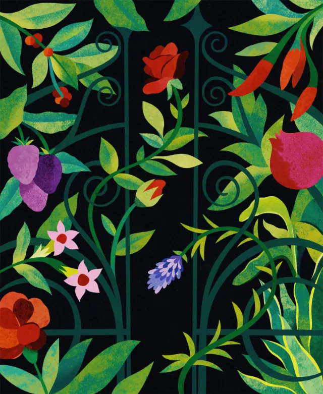 Vibrant floral and leaf illustration by Barbara Tamilin